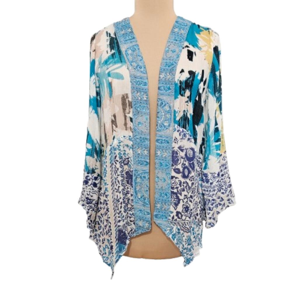 Soft Surroundings Colorful Abstract Kimono Cardigan Medium Artsy Beaded Bling
